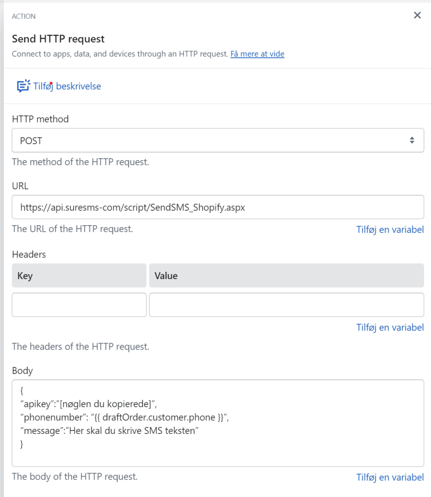 Shopify - konfiguration af HTTP POST request
